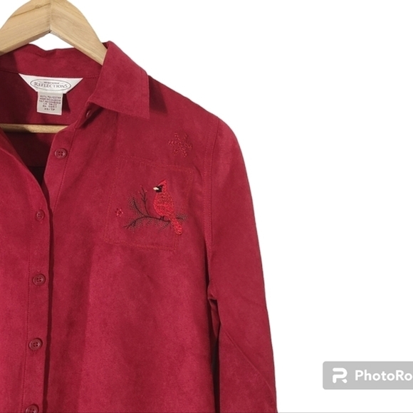 Northern Reflections Red Embroided Suede Button Down Shirt Shacket Size XS - Picture 8 of 16